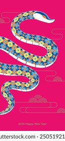 Hermosa serpiente con escamas de patrón de monedas sobre fondo fucsia, cartel de Vertical del año de la serpiente