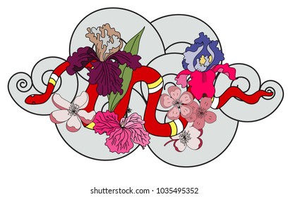 beautiful snake vector with flower Japanese tattoo design.red Snake vector illustration on black background.
