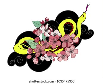 beautiful snake vector with flower Japanese tattoo design.red Snake vector illustration on black background.