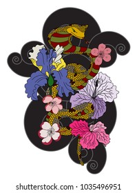 beautiful snake vector with flower Japanese tattoo design.Cobra Snake vector illustration on black background.