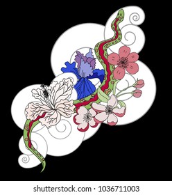 beautiful snake vector with flower Japanese tattoo design.red Snake vector illustration on black background.