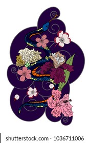 beautiful snake vector with flower Japanese tattoo design.red Snake vector illustration on black background.