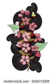 beautiful snake vector with flower Japanese tattoo design.red Snake vector illustration on black background.