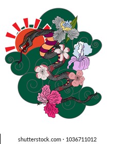 beautiful snake vector with flower Japanese tattoo design.red Snake vector illustration on black background.