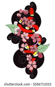 beautiful snake vector with flower Japanese tattoo design.red Snake vector illustration on black background.