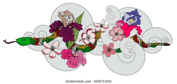 beautiful snake vector with flower Japanese tattoo design.red Snake vector illustration on black background.
