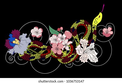 beautiful snake vector with flower Japanese tattoo design.red Snake vector illustration on black background.
