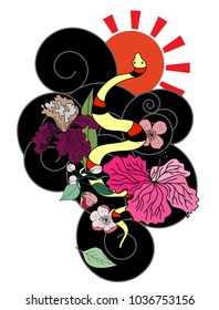 beautiful snake vector with flower Japanese tattoo design.red Snake vector illustration on black background.