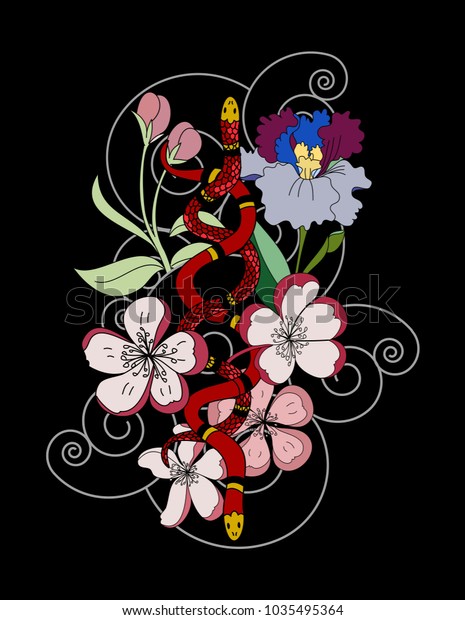 Beautiful Snake Vector Flower Japanese Tattoo Stock Vector