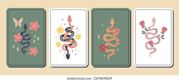 Hermosas serpientes con flores. Tarjetas de tarot de bruja mágica. Insectos, símbolos celestiales. Símbolos esotéricos místicos. Halloween.