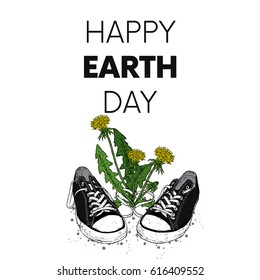 Beautiful sneakers and dandelions. Vector illustration. Fashion & Style. Ready-made card design "Happy Earth Day".