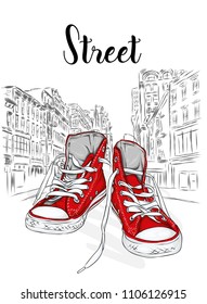 Beautiful sneakers. Vector illustration for a picture or poster. Youth shoes. Sports, running and walking.
