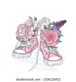 Beautiful sneakers. Vector illustration for a picture or poster. Youth shoes. Sports, running and walking. Pink sneakers and flowers. Peonies and roses.
