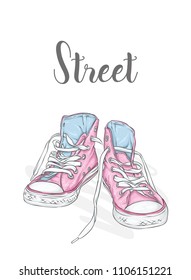 Beautiful sneakers. Vector illustration for a picture or poster. Youth shoes. Sports, running and walking.
