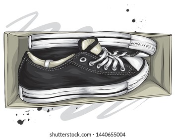 Beautiful sneakers. Vector illustration for a picture or poster. Youth shoes. Sports, running and walking.
