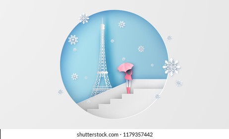 Beautiful snow falls at the Eiffel Tower in winter with a girl wearing pink coat. Looking at the Eiffel Tower. paper cut and craft style. vector, illustration.