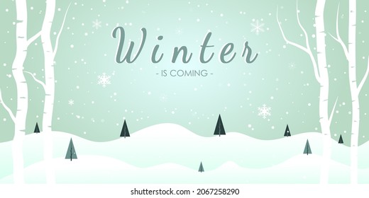 Beautiful snow mountain landscape with a forest, sky, snow fall. Majestic Nature Background, Banner, Poster. Winter Vector illustration.