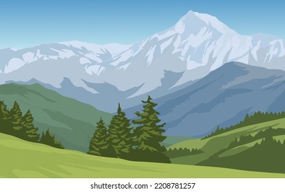 Beautiful snow-capped mountain landscape with pine trees and meadow. Vector landscape illustration