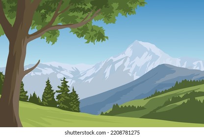 Schöne, schneebedeckte Berglandschaft mit Bäumen und Wiesen. Vektorlandschaftsgrafik