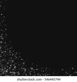 Beautiful snowfall. Abstract left bottom corner with beautiful snowfall on black background. Vector illustration.