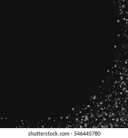 Beautiful snowfall. Abstract right bottom corner with beautiful snowfall on black background. Vector illustration.