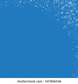 Beautiful snowfall. Abstract right top corner with beautiful snowfall on blue background. Vector illustration.