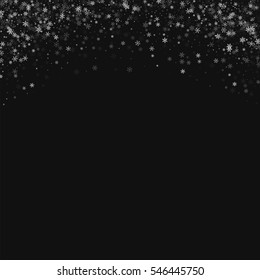 Beautiful snowfall. Abstract top border with beautiful snowfall on black background. Vector illustration.