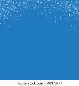 Beautiful snowfall. Abstract top border with beautiful snowfall on blue background. Vector illustration.