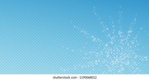 Beautiful snowfall Christmas background. Subtle flying snow flakes and stars on blue transparent background. Artistic winter silver snowflake overlay template. Popular vector illustration.