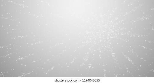 Beautiful snowfall Christmas background. Subtle flying snow flakes and stars on light grey background. Astonishing winter silver snowflake overlay template. Classic vector illustration.