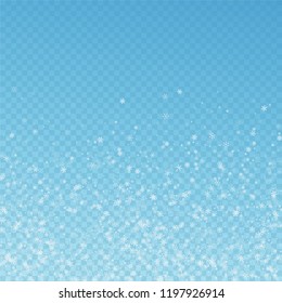 Beautiful snowfall Christmas background. Subtle flying snow flakes and stars on blue transparent background. Alluring winter silver snowflake overlay template. Dramatic vector illustration.