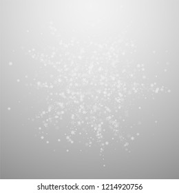 Beautiful snowfall Christmas background. Subtle flying snow flakes and stars on light grey background. Actual winter silver snowflake overlay template. Fancy vector illustration.