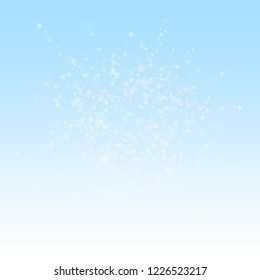 Beautiful snowfall Christmas background. Subtle flying snow flakes and stars on winter sky background. Beauteous winter silver snowflake overlay template. Good-looking vector illustration.