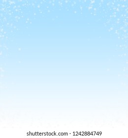 Beautiful snowfall Christmas background. Subtle flying snow flakes and stars on winter sky background. Beauteous winter silver snowflake overlay template. Divine vector illustration.