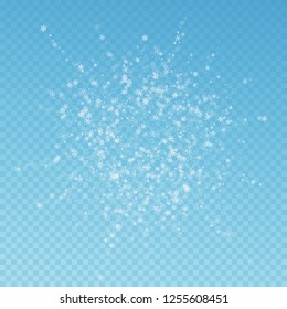 Beautiful snowfall Christmas background. Subtle flying snow flakes and stars on blue transparent background. Bewitching winter silver snowflake overlay template. Ideal vector illustration.