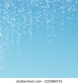 Beautiful snowfall Christmas background. Subtle flying snow flakes and stars on blue transparent background. Adorable winter silver snowflake overlay template. Magnetic vector illustration.