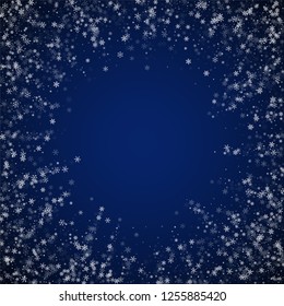 Beautiful snowfall Christmas background. Subtle flying snow flakes and stars on dark blue night background. Amazing winter silver snowflake overlay template. Ravishing vector illustration.