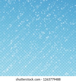 Beautiful snowfall Christmas background. Subtle flying snow flakes and stars on blue transparent background. Adorable winter silver snowflake overlay template. Unequaled vector illustration.