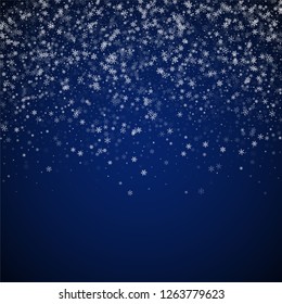 Beautiful snowfall Christmas background. Subtle flying snow flakes and stars on dark blue night background. Alive winter silver snowflake overlay template. Lively vector illustration.