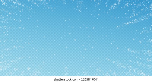 Beautiful snowfall Christmas background. Subtle flying snow flakes and stars on transparent blue background. Alive winter silver snowflake overlay template. Flawless vector illustration.