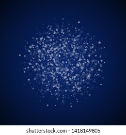 Beautiful snowfall Christmas background. Subtle flying snow flakes and stars on dark blue night background. Beauteous winter silver snowflake overlay template. Fantastic vector illustration.
