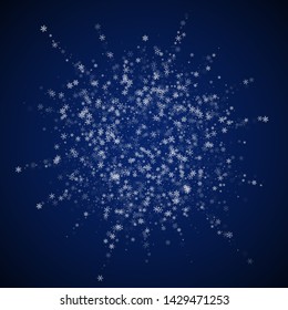 Beautiful snowfall Christmas background. Subtle flying snow flakes and stars on dark blue night background. Bewitching winter silver snowflake overlay template. Imaginative vector illustration.
