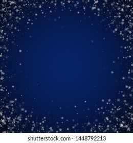 Beautiful snowfall Christmas background. Subtle flying snow flakes and stars on dark blue night background. Amusing winter silver snowflake overlay template. Favorable vector illustration.