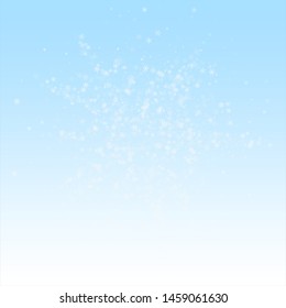 Beautiful snowfall Christmas background. Subtle flying snow flakes and stars on winter sky background. Authentic winter silver snowflake overlay template. Grand vector illustration.