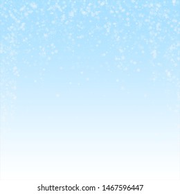Beautiful snowfall Christmas background. Subtle flying snow flakes and stars on winter sky background. Admirable winter silver snowflake overlay template. Exceptional vector illustration.