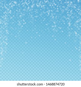 Beautiful snowfall Christmas background. Subtle flying snow flakes and stars on blue transparent background. Admirable winter silver snowflake overlay template. Enchanting vector illustration.