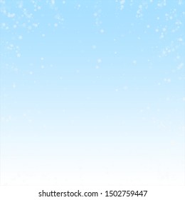 Beautiful snowfall Christmas background. Subtle flying snow flakes and stars on winter sky background. Awesome winter silver snowflake overlay template. Unusual vector illustration.