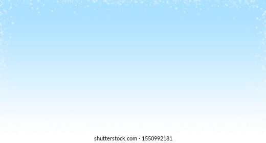 Beautiful snowfall Christmas background. Subtle flying snow flakes and stars on night sky background. Admirable winter silver snowflake overlay template. Unique vector illustration.