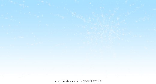 Beautiful snowfall Christmas background. Subtle flying snow flakes and stars on winter sky background. Astonishing winter silver snowflake overlay template. Classy vector illustration.