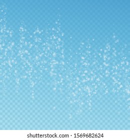 Beautiful snowfall Christmas background. Subtle flying snow flakes and stars on transparent blue background. Alluring winter silver snowflake overlay template. Authentic vector illustration.